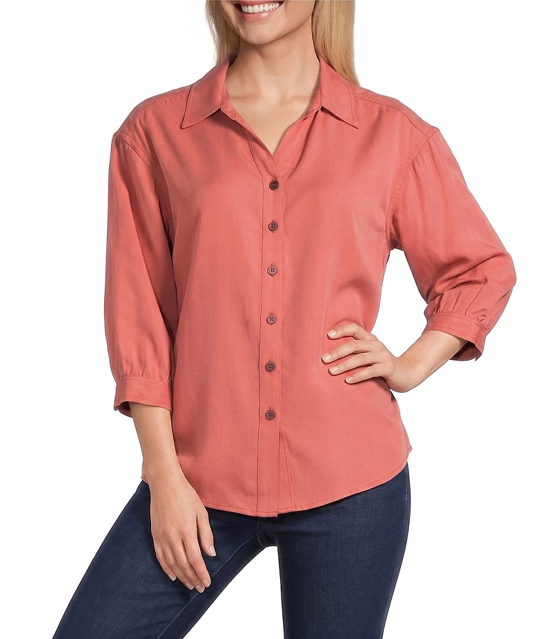 Allison Daley Petite Size 3/4 Sleeve Point Collar Y-Neck Button Front Top