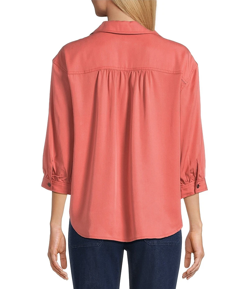 Allison Daley Petite Size 3/4 Sleeve Point Collar Y-Neck Button Front Top