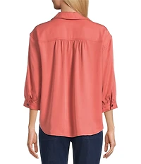 Allison Daley Petite Size 3/4 Sleeve Point Collar Y-Neck Button Front Top