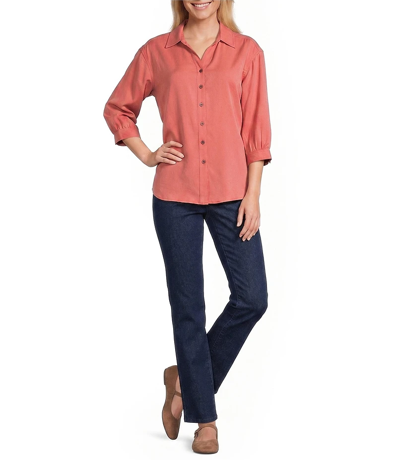 Allison Daley Petite Size 3/4 Sleeve Point Collar Y-Neck Button Front Top