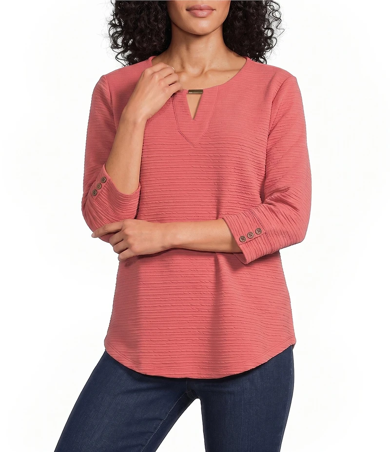 Allison Daley Petite Size 3/4 Sleeve V-Neck Keyhole Knit Top