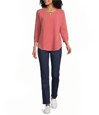 Allison Daley Petite Size 3/4 Sleeve V-Neck Keyhole Knit Top
