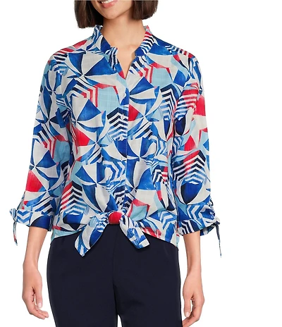 Allison Daley Petite Size Beach Umbrella Print 3/4 Tie Sleeve Y-Neck Tie Hem Blouse