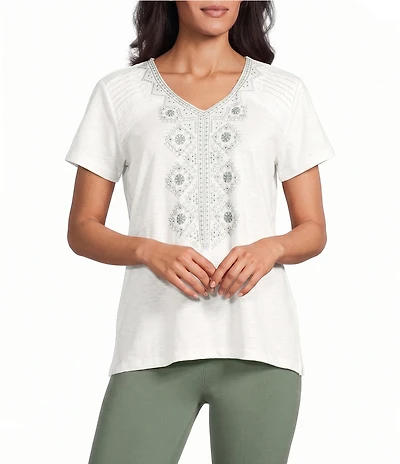 Allison Daley Petite Size Beaded Embroidery Short Sleeve V-Neck Knit Top