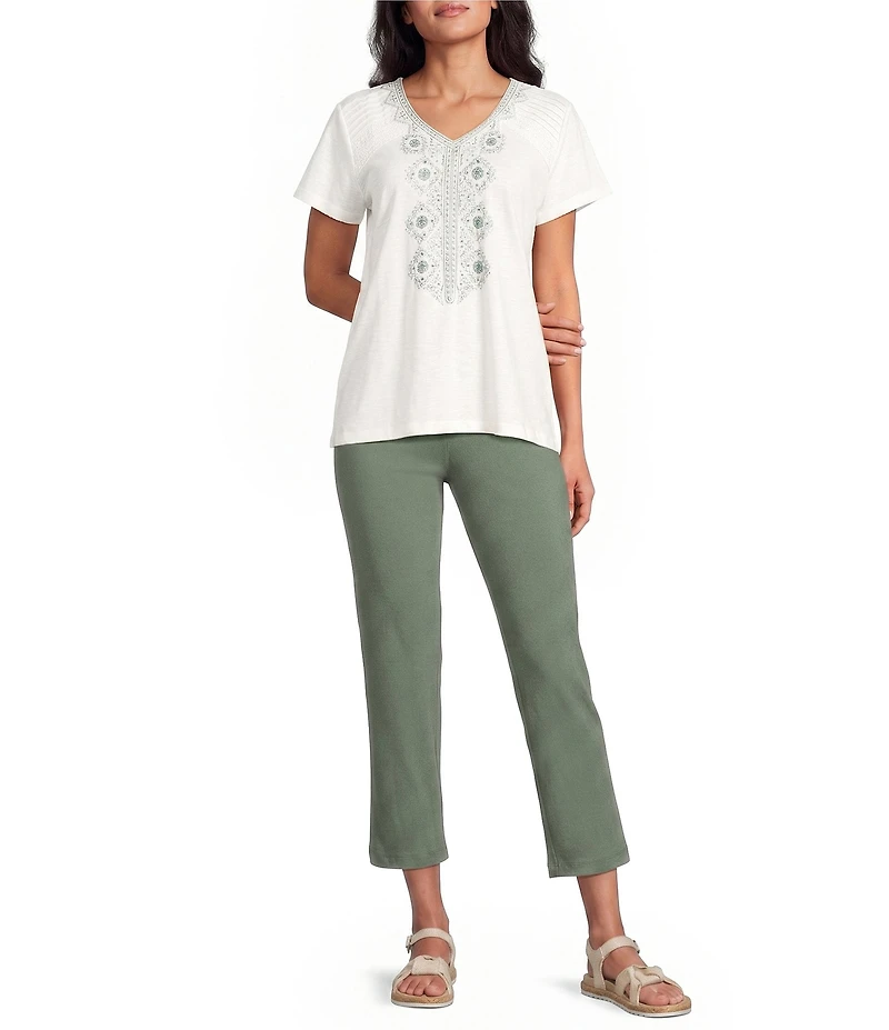 Allison Daley Petite Size Beaded Embroidery Short Sleeve V-Neck Knit Top
