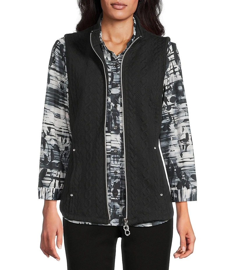 Allison Daley Petite Size Black Cable Quilted Sleeveless Two-Way Zip-Up Vest