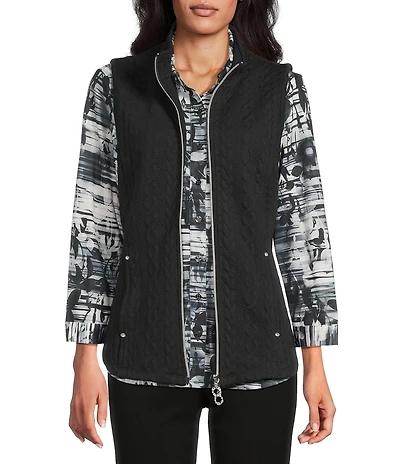 Allison Daley Petite Size Black Cable Quilted Sleeveless Two-Way Zip-Up Vest