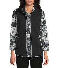 Allison Daley Petite Size Black Cable Quilted Sleeveless Two-Way Zip-Up Vest