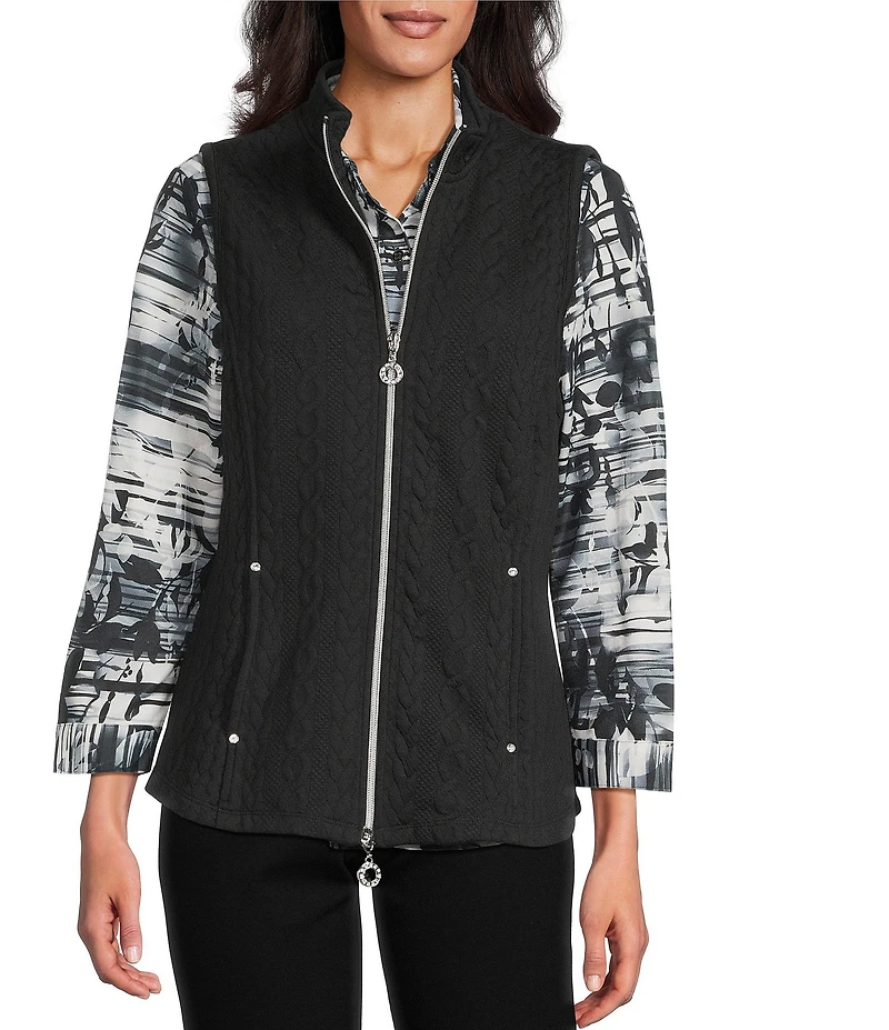 Allison Daley Petite Size Black Cable Quilted Sleeveless Two-Way Zip-Up Vest
