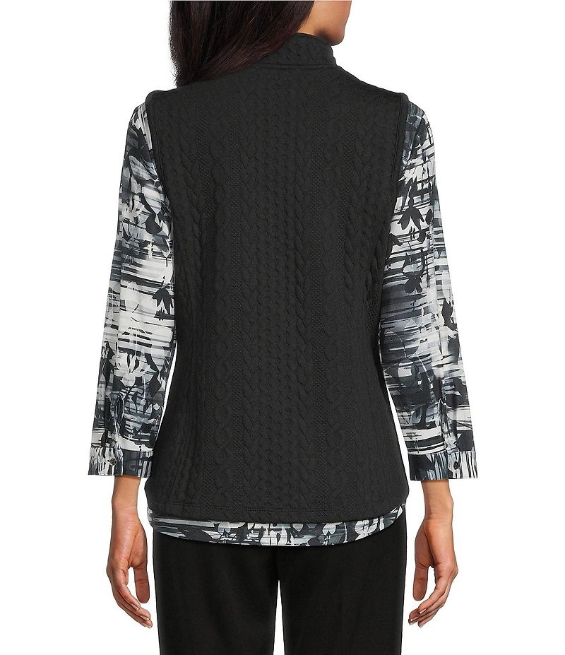 Allison Daley Petite Size Black Cable Quilted Sleeveless Two-Way Zip-Up Vest