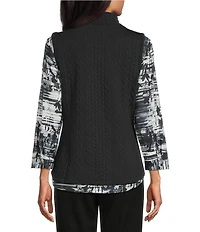Allison Daley Petite Size Black Cable Quilted Sleeveless Two-Way Zip-Up Vest