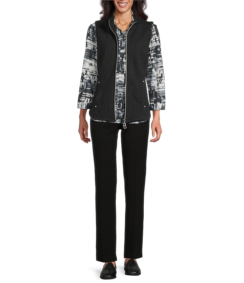 Allison Daley Petite Size Black Cable Quilted Sleeveless Two-Way Zip-Up Vest