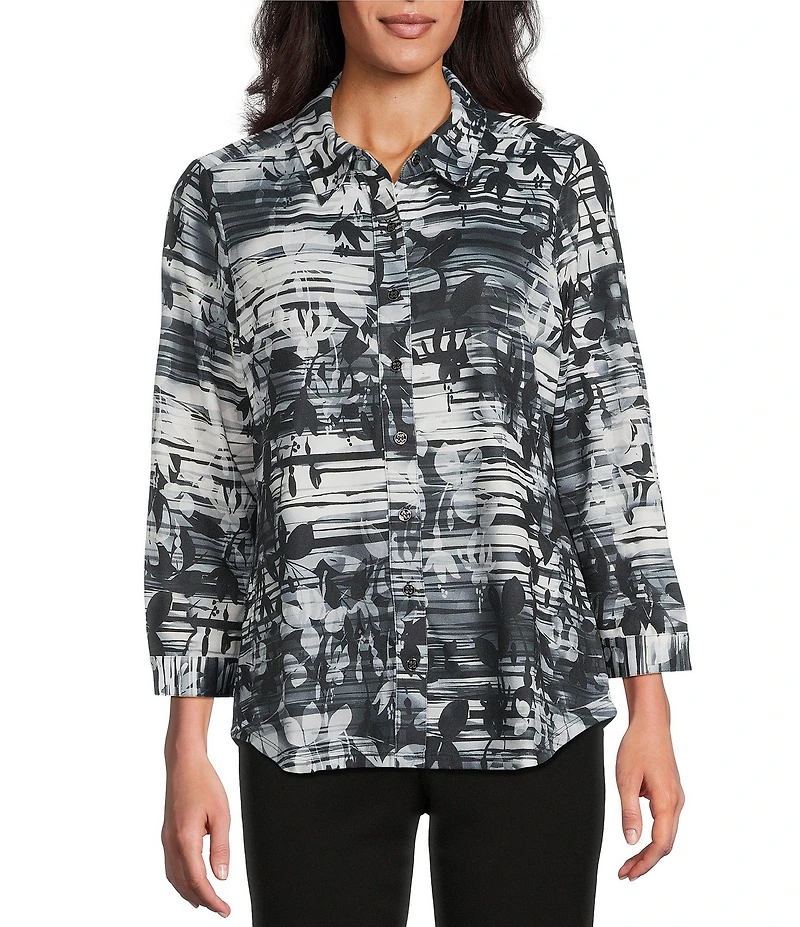 Allison Daley Petite Size Black Showering Floral Print 3/4 Sleeve Point Collar Button Front Shirt