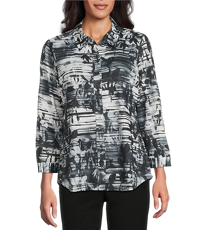 Allison Daley Petite Size Black Showering Floral Print 3/4 Sleeve Point Collar Button Front Shirt