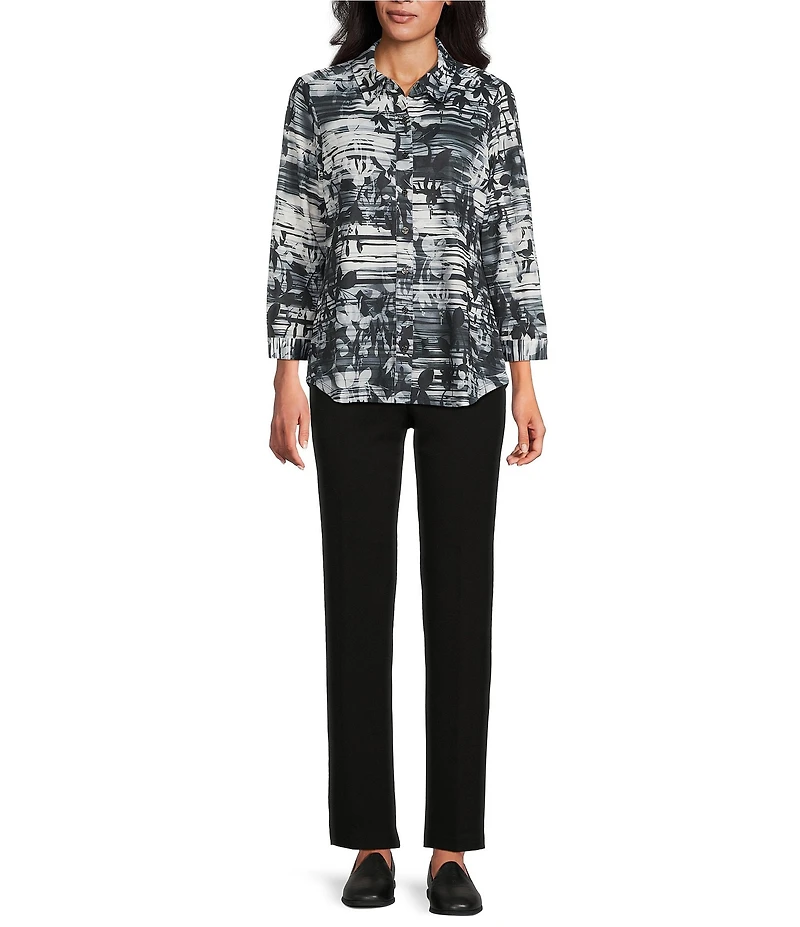 Allison Daley Petite Size Black Showering Floral Print 3/4 Sleeve Point Collar Button Front Shirt
