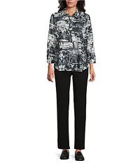 Allison Daley Petite Size Black Showering Floral Print 3/4 Sleeve Point Collar Button Front Shirt