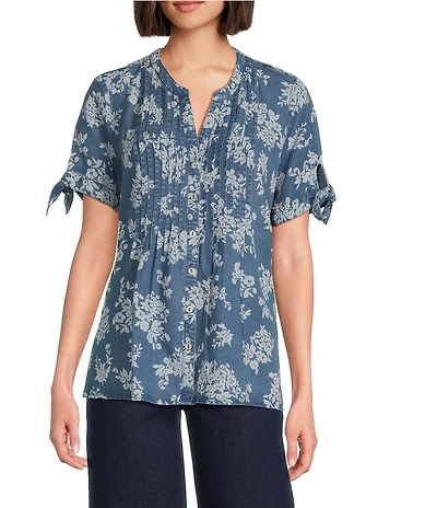 Allison Daley Petite Size Blooming Flowers Print Short Tie Sleeve Y-Neck Button Front Pintuck Blouse