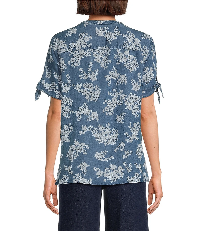Allison Daley Petite Size Blooming Flowers Print Short Tie Sleeve Y-Neck Button Front Pintuck Blouse