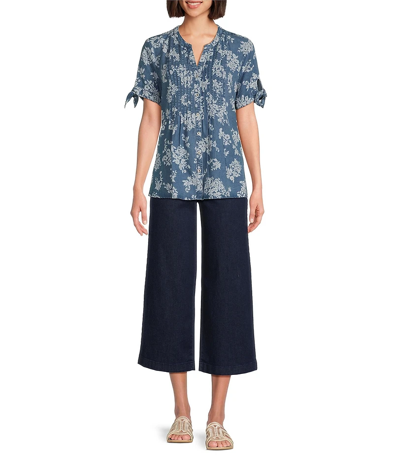 Allison Daley Petite Size Blooming Flowers Print Short Tie Sleeve Y-Neck Button Front Pintuck Blouse
