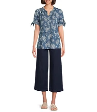 Allison Daley Petite Size Blooming Flowers Print Short Tie Sleeve Y-Neck Button Front Pintuck Blouse