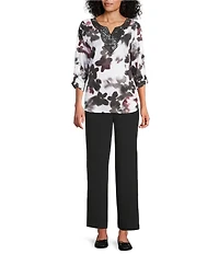 Allison Daley Petite Size Blurry Flower 3/4 Sleeve Split Round Neck Lace Detail Knit Top