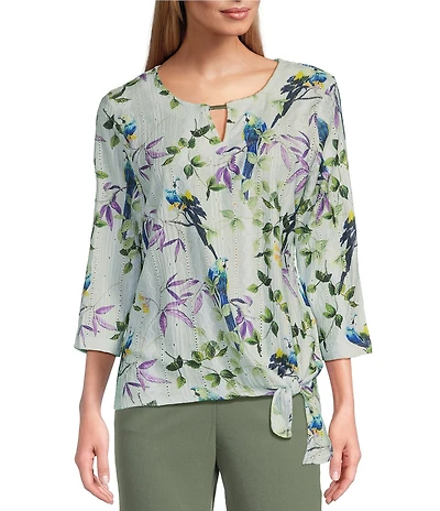 Allison Daley Petite Size Botanical Song Print 3/4 Sleeve Keyhole Neck Tie Hem Eyelet Jacquard Knit Top