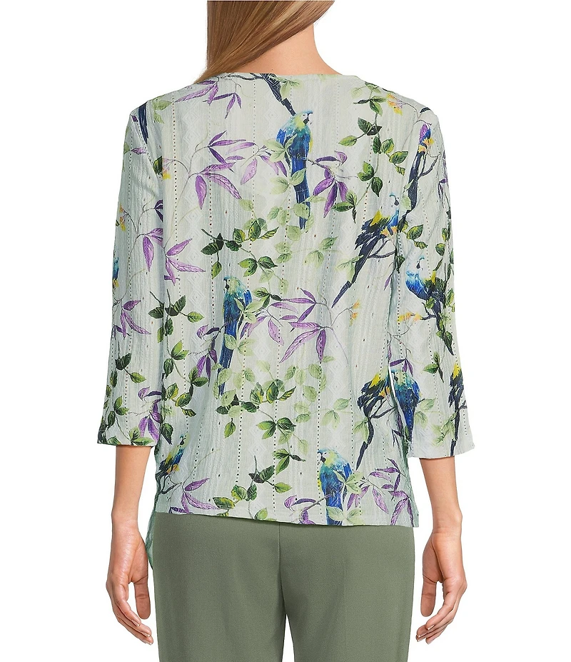Allison Daley Petite Size Botanical Song Print 3/4 Sleeve Keyhole Neck Tie Hem Eyelet Jacquard Knit Top