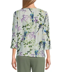 Allison Daley Petite Size Botanical Song Print 3/4 Sleeve Keyhole Neck Tie Hem Eyelet Jacquard Knit Top
