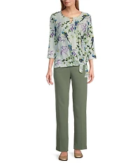 Allison Daley Petite Size Botanical Song Print 3/4 Sleeve Keyhole Neck Tie Hem Eyelet Jacquard Knit Top