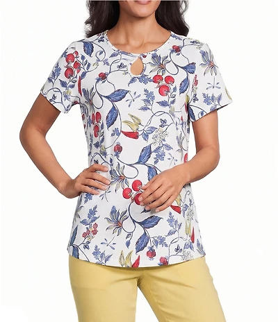 Allison Daley Petite Size Bountiful Botanical Print Short Sleeve Keyhole Neck Knit Top