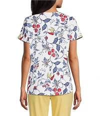 Allison Daley Petite Size Bountiful Botanical Print Short Sleeve Keyhole Neck Knit Top