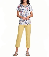 Allison Daley Petite Size Bountiful Botanical Print Short Sleeve Keyhole Neck Knit Top