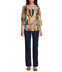Allison Daley Petite Size Brown Retro Abstract Print Embellished 3/4 Ruched Sleeve Crew Neck Knit Top