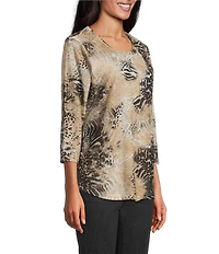 Allison Daley Petite Size Burnout 3/4 Sleeve Crew Neck Knit Top