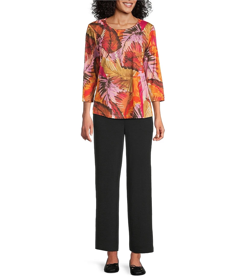 Allison Daley Petite Size Burnt Ochre Leafy Toss Print Embellished 3/4 Ruched Sleeve Crew Neck Knit Top
