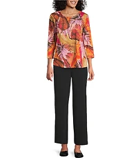 Allison Daley Petite Size Burnt Ochre Leafy Toss Print Embellished 3/4 Ruched Sleeve Crew Neck Knit Top
