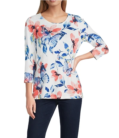 Allison Daley Petite Size Butterfly Floral Print 3/4 Sleeve Crew Neck Knit Top