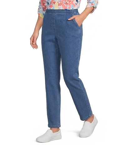 Allison Daley Petite Size Chambray Straight Leg Stretch Denim Elastic Waist Pull-On Jeans