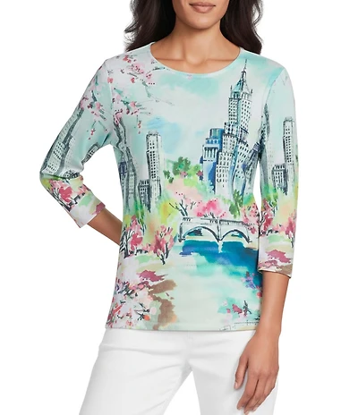 Allison Daley Petite Size City Scape Print 3/4 Sleeve Embellished Crew Neck Knit Top