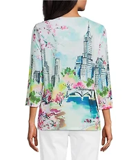 Allison Daley Petite Size City Scape Print 3/4 Sleeve Embellished Crew Neck Knit Top
