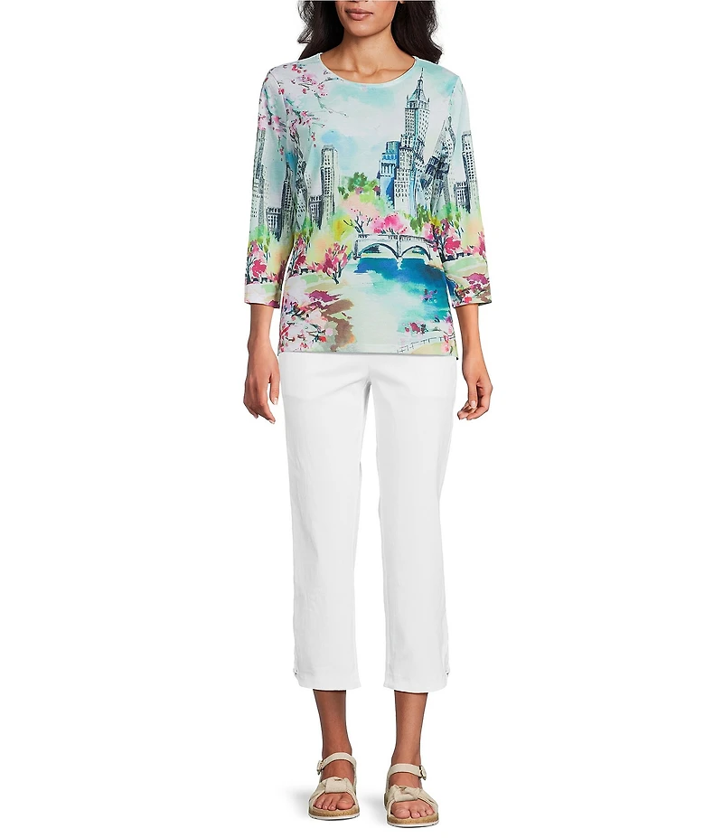 Allison Daley Petite Size City Scape Print 3/4 Sleeve Embellished Crew Neck Knit Top