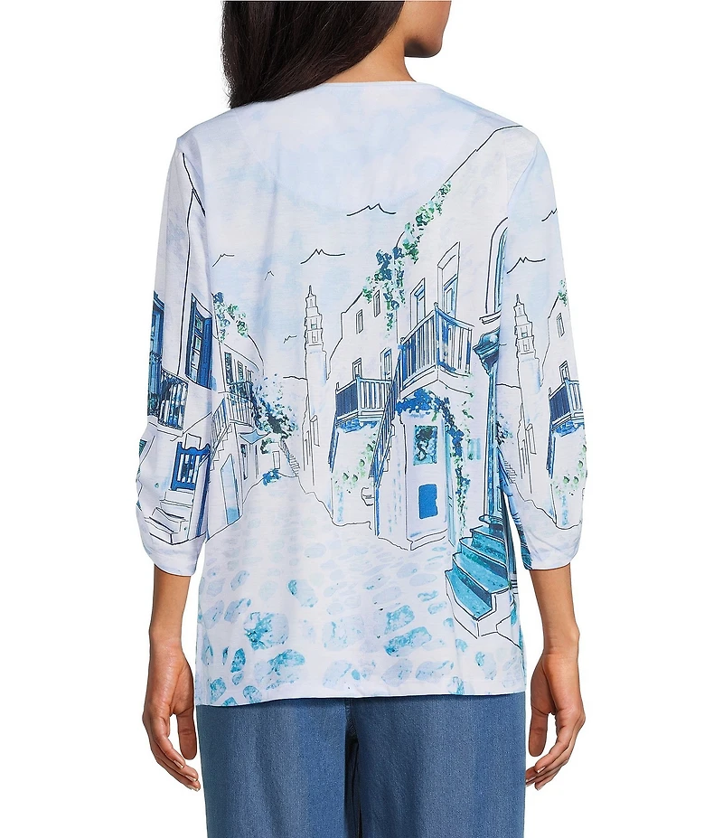 Allison Daley Petite Size Coastal Retreat Print 3/4 Ruched Sleeve Crew Neck Knit Top