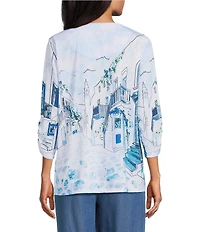 Allison Daley Petite Size Coastal Retreat Print 3/4 Ruched Sleeve Crew Neck Knit Top