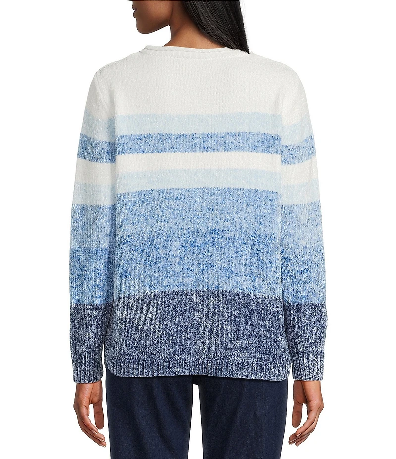 Allison Daley Petite Size Cool Blue Ombre Long Sleeve Crew Neck Rib Trim Sweater