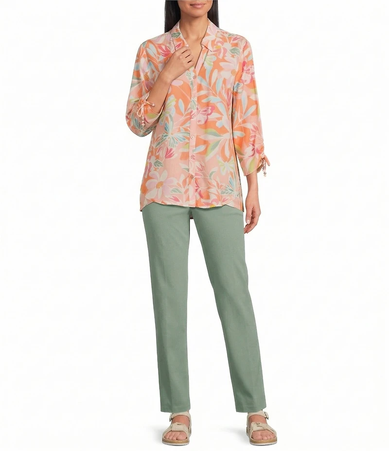 Allison Daley Petite Size Desert Flower Print 3/4 Tie Sleeve Point Collar Button Front Blouse
