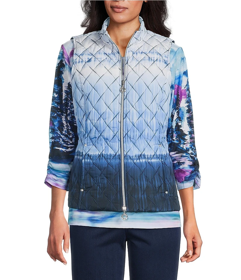 Allison Daley Petite Size Diamond Quilt Sleeveless Embellished Zip Up Vest