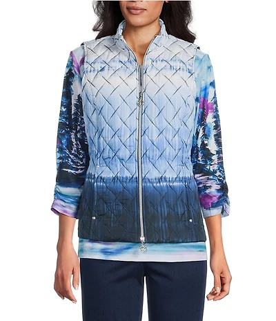 Allison Daley Petite Size Diamond Quilt Sleeveless Embellished Zip Up Vest