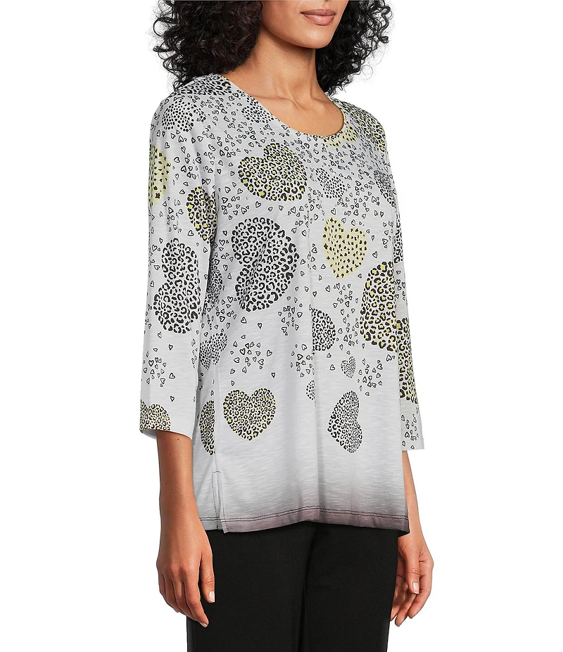 Allison Daley Petite Size Embellished Cascading Hearts Print 3/4 Sleeve Crew Neckline Knit Top
