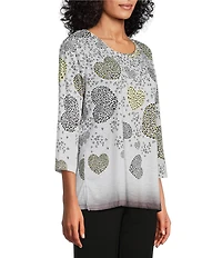 Allison Daley Petite Size Embellished Cascading Hearts Print 3/4 Sleeve Crew Neckline Knit Top