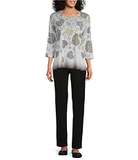 Allison Daley Petite Size Embellished Cascading Hearts Print 3/4 Sleeve Crew Neckline Knit Top